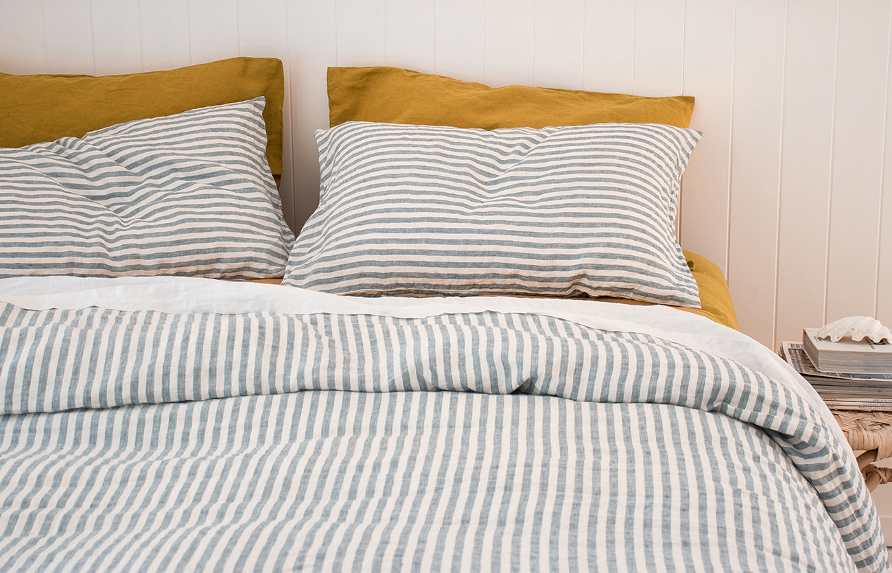 Marine Blue & Mustard French Linen Bedding Lookbook