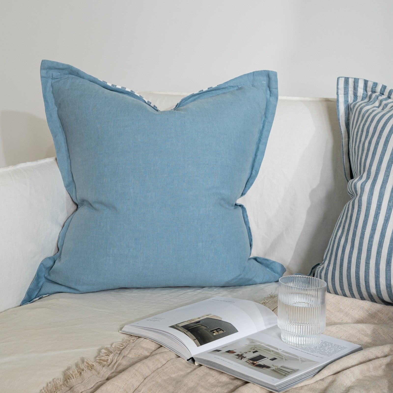 French Flax Linen Double Sided Cushion Cover in Marine Blue Marine Blu I Love Linen