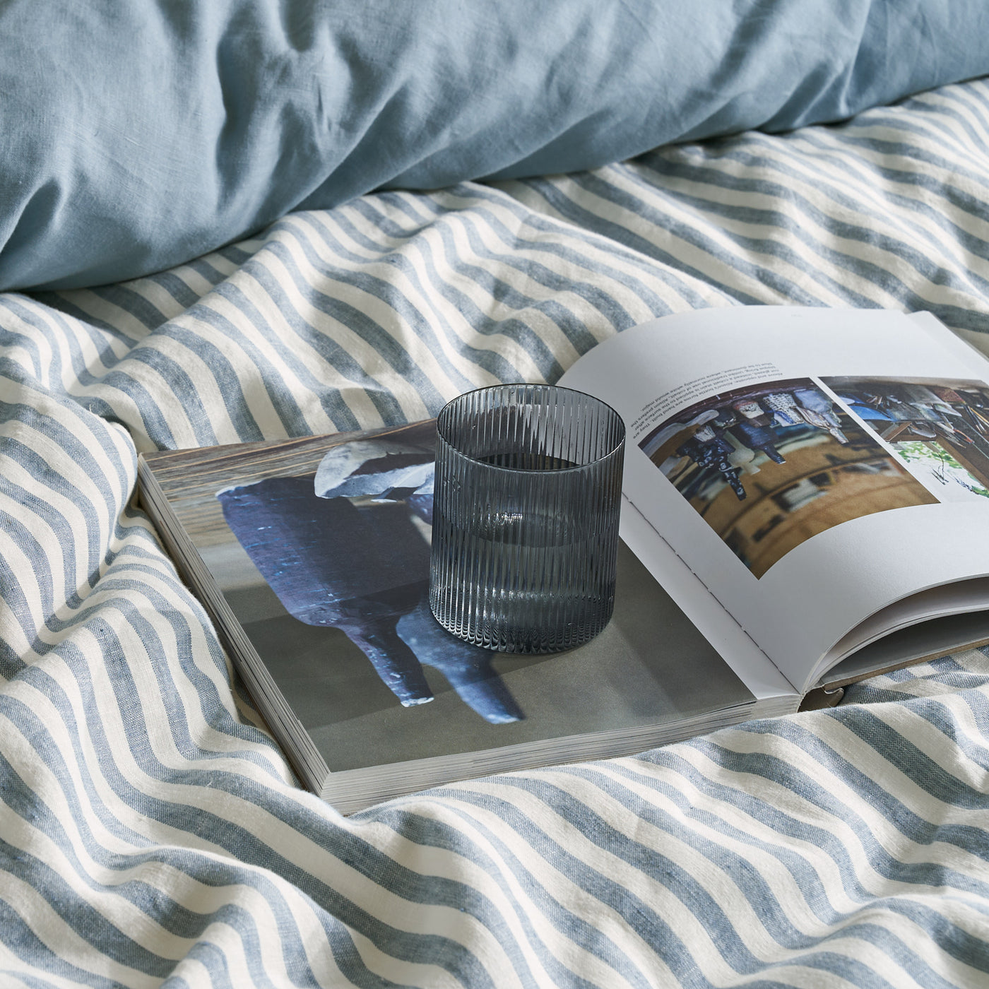 French Flax Linen Double Sided Quilt Cover in Marine Blue/Marine Blue Stripe