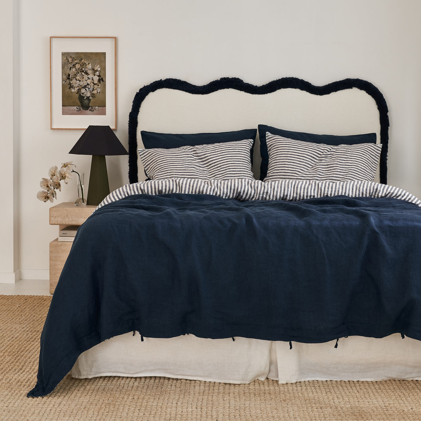 French Flax Linen Double Sided Quilt Cover in Indigo/Indigo Stripe