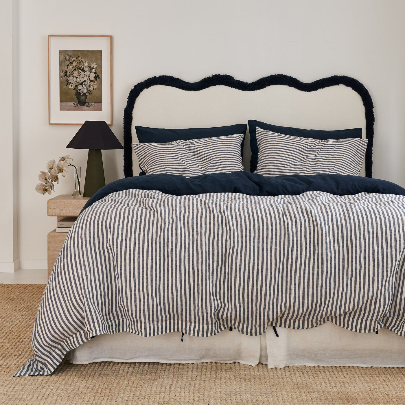 French Flax Linen Double Sided Quilt Cover in Indigo/Indigo Stripe