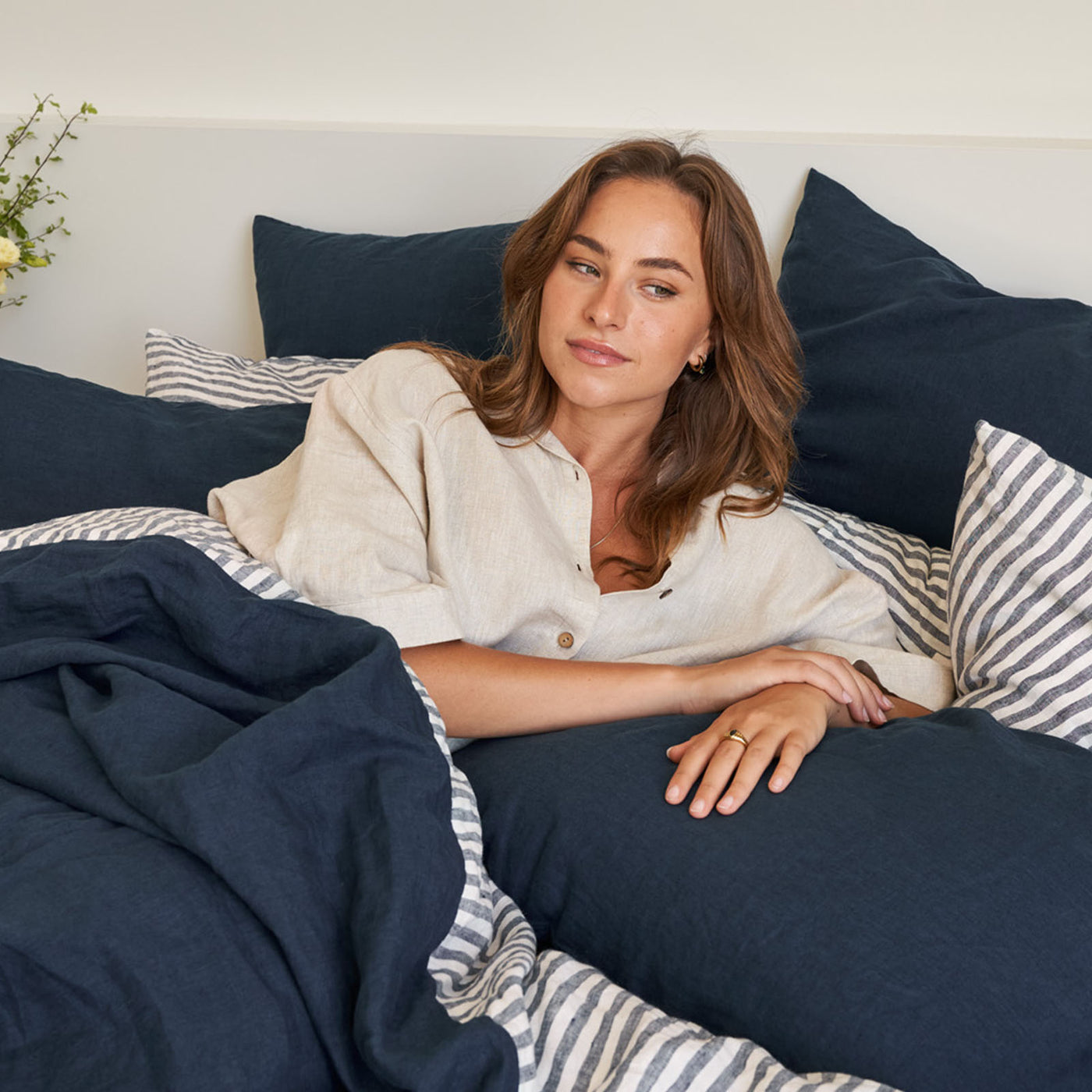 French Flax Linen Double Sided Quilt Cover SET in Indigo/Indigo Stripe