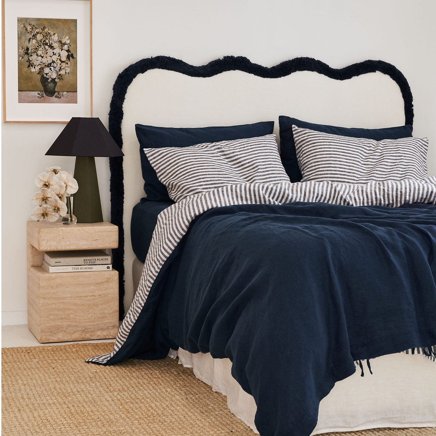 French Flax Linen Double Sided Quilt Cover in Indigo/Indigo Stripe