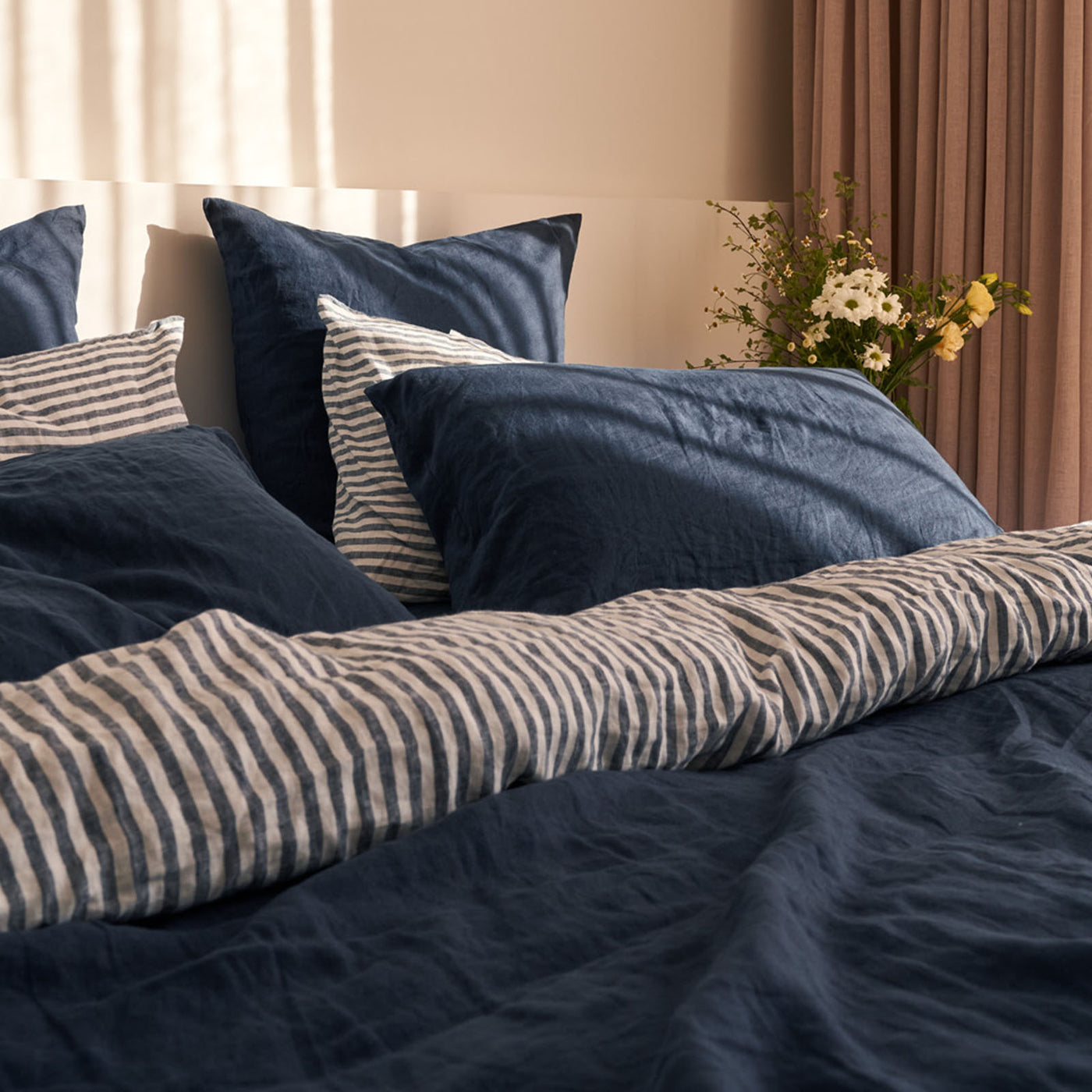 French Flax Linen Double Sided Quilt Cover SET in Indigo/Indigo Stripe