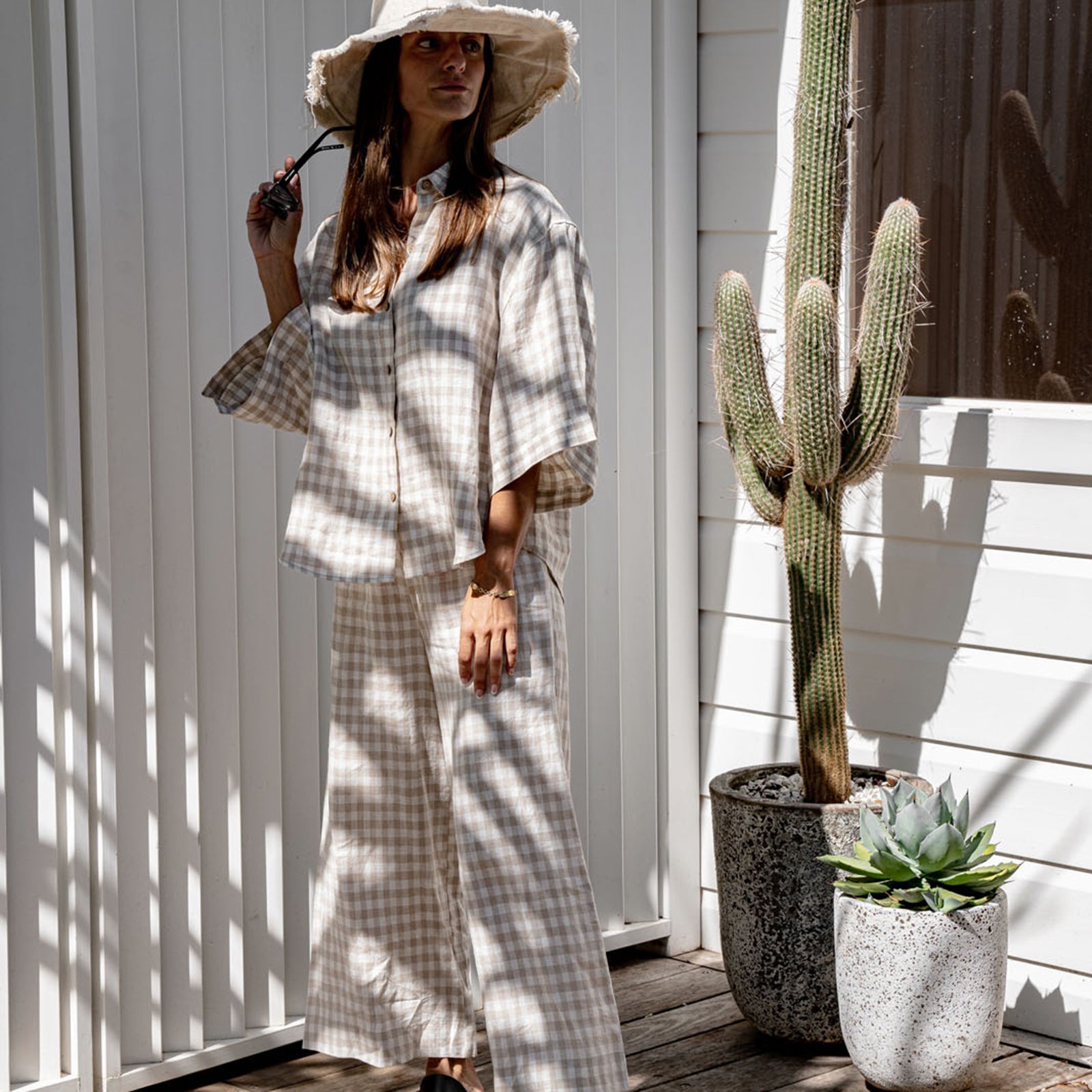 French Flax Linen Lounge Pant in Beige Gingham I Love Linen