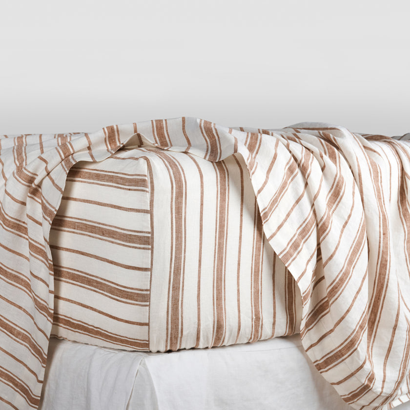 French Flax Linen Fitted Sheet in Hazelnut Stripe