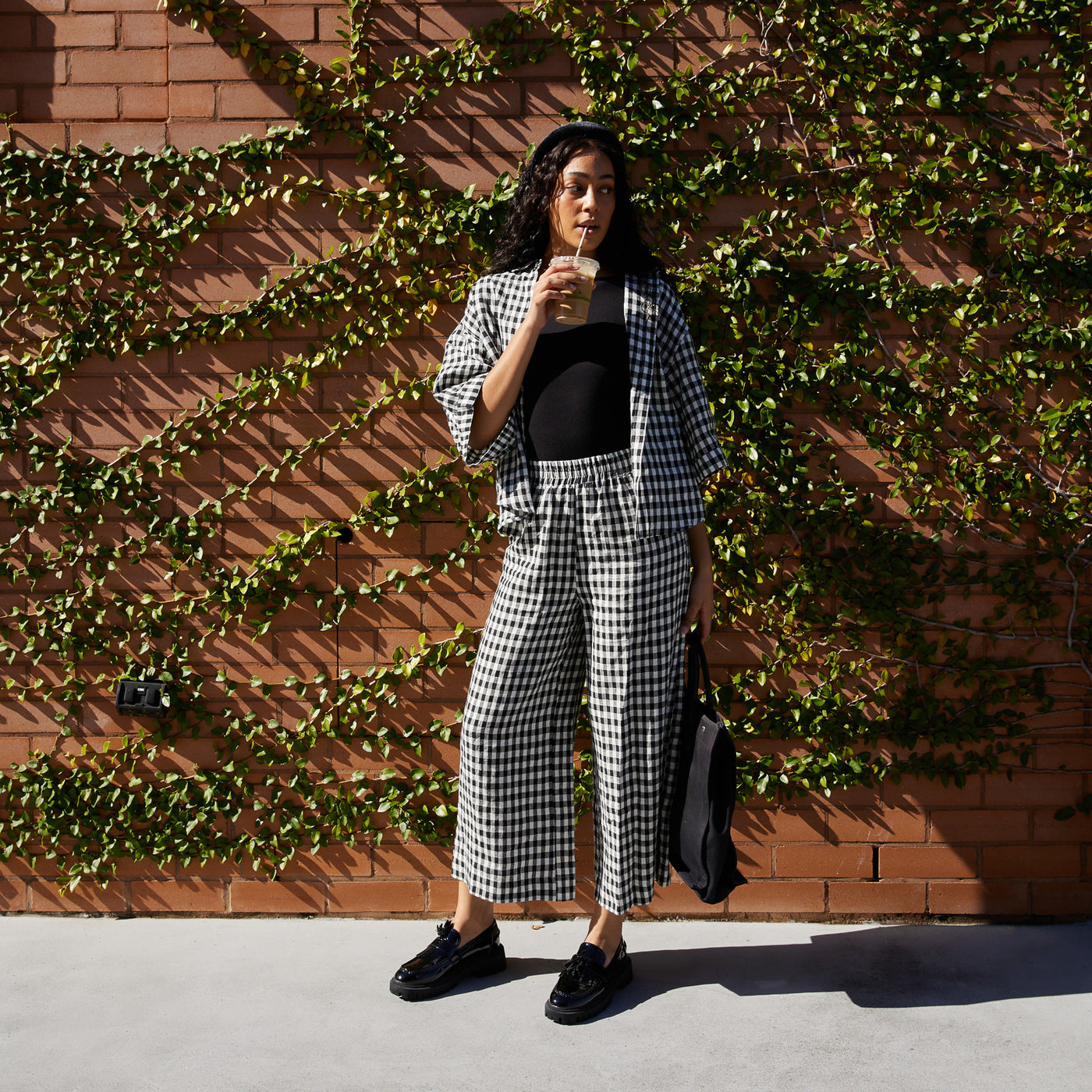 French Flax Linen Ruby Shirt in Charcoal Gingham