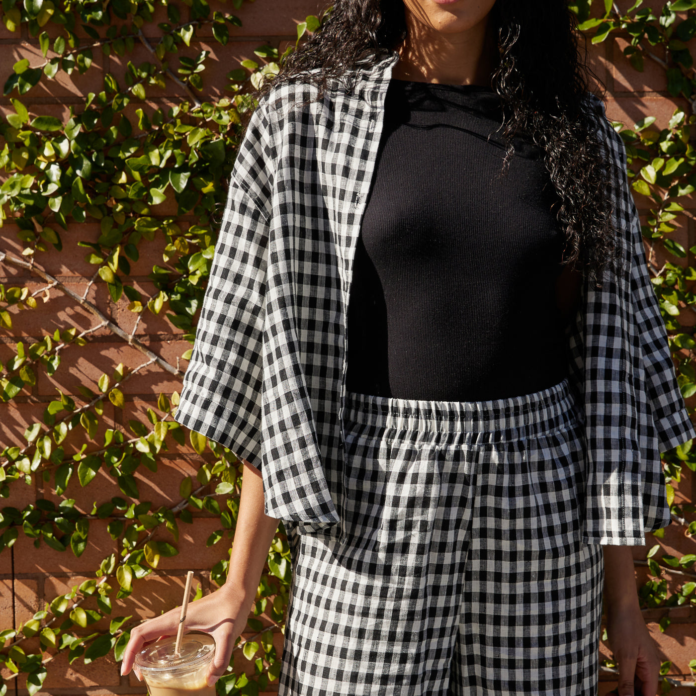 French Flax Linen Ruby Shirt in Charcoal Gingham