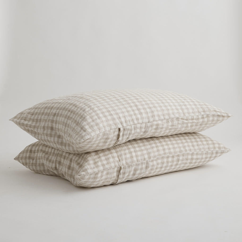 Hotel Cloud Pillows + Beige Gingham Pillowcase Set