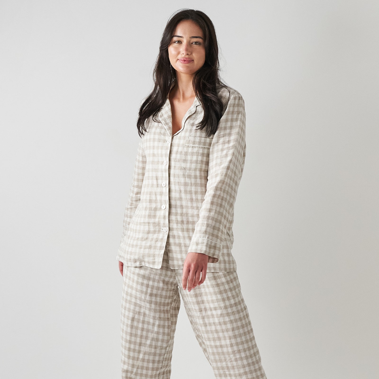 French Flax Linen Pyjama Set in Beige Gingham – I Love Linen
