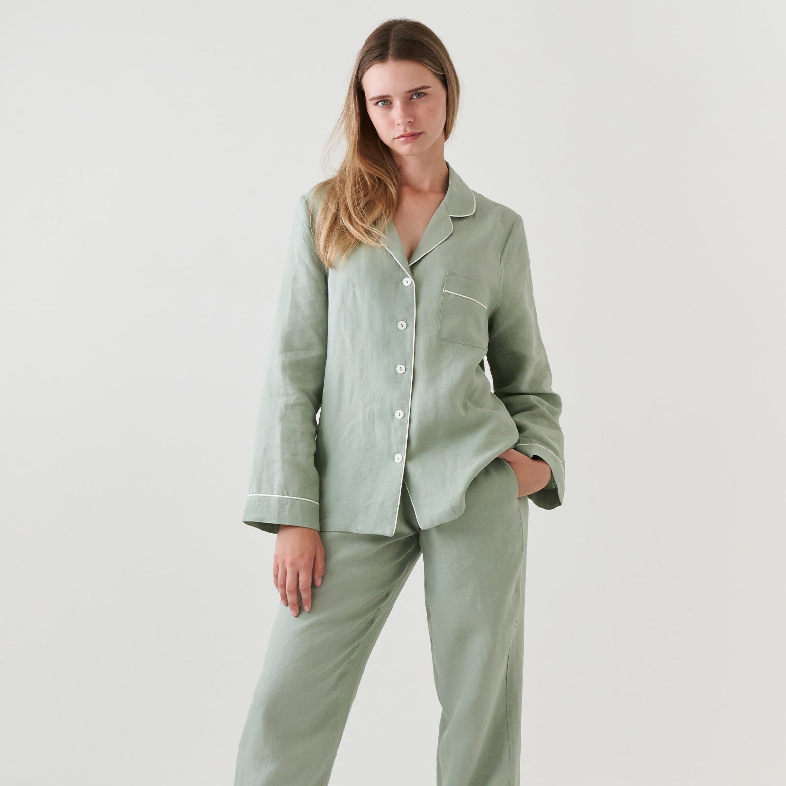 French Flax Linen Pyjama Set in Sage I Love Linen