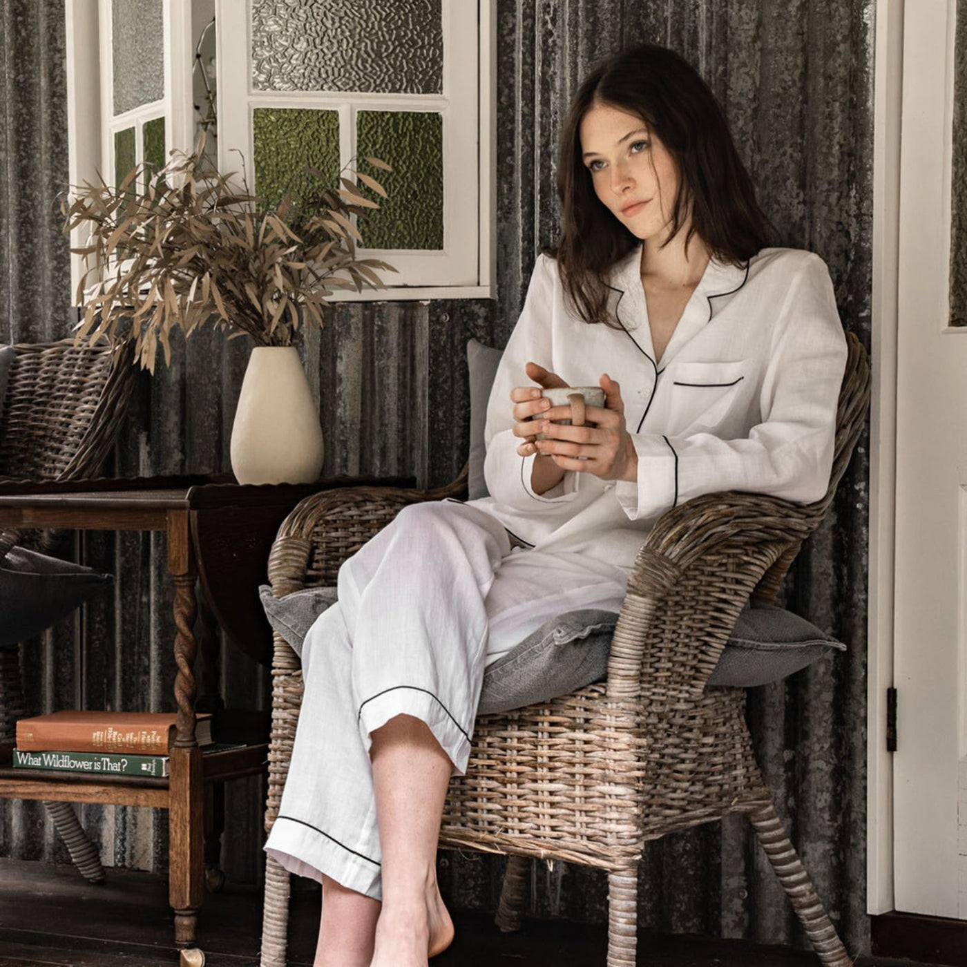 French Flax Linen Pyjama Set in White