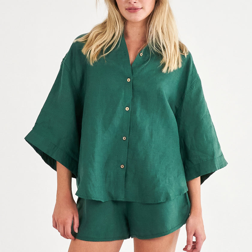 French Flax Linen Ruby Shirt in Jade