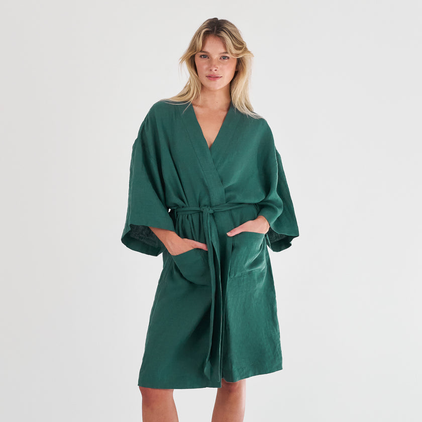 French Flax Linen Robe in Jade