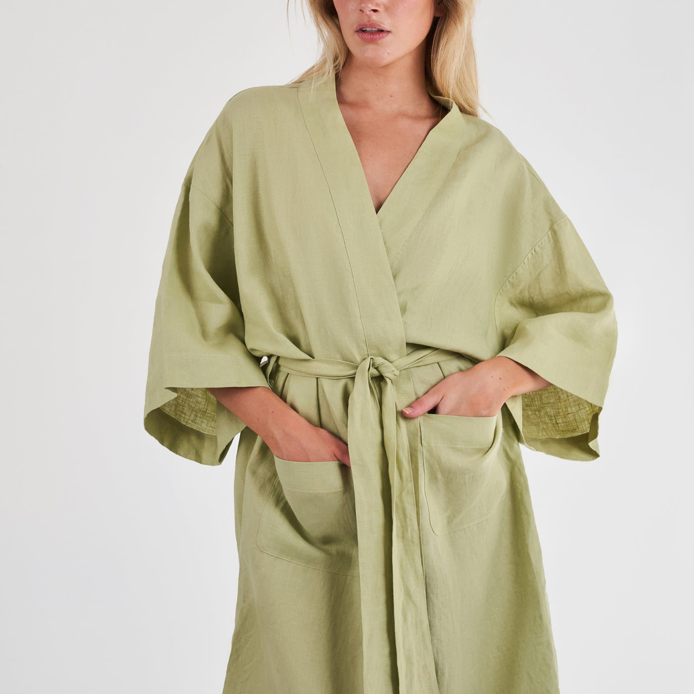 French Flax Linen Robe in Matcha