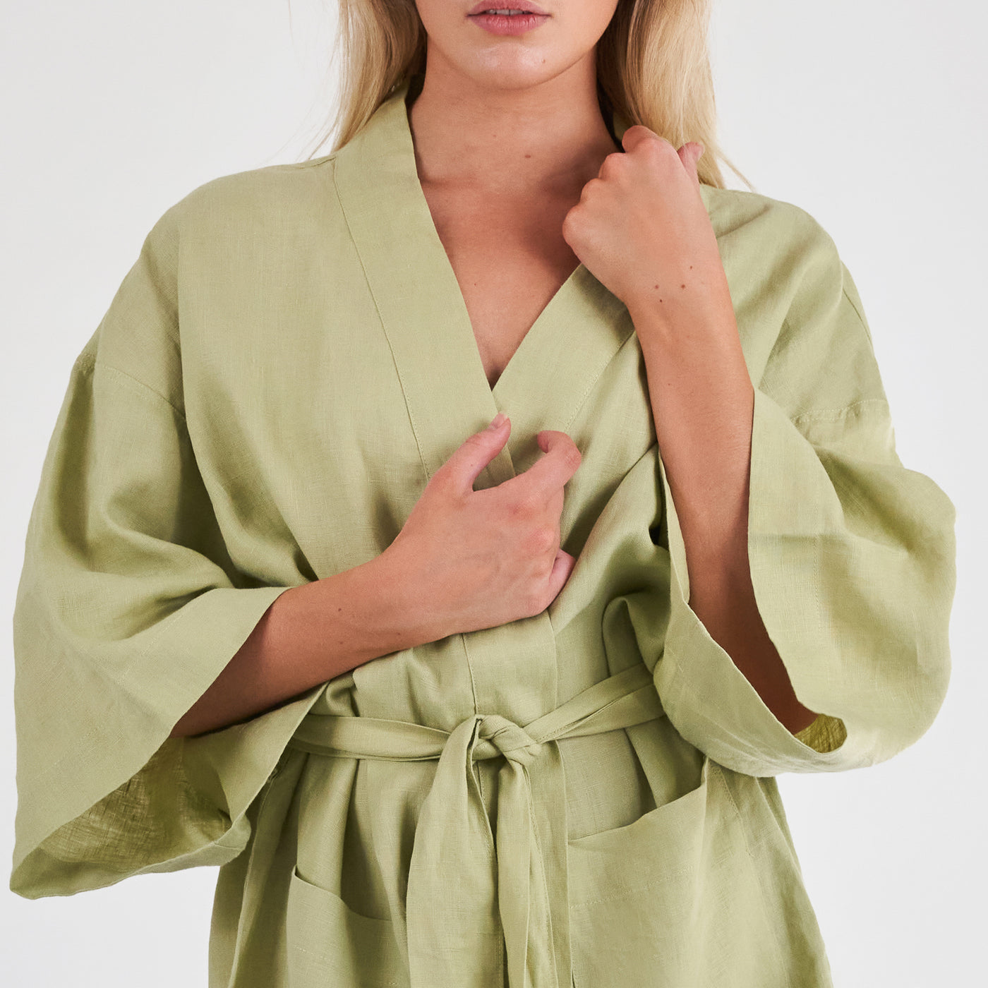 French Flax Linen Robe in Matcha