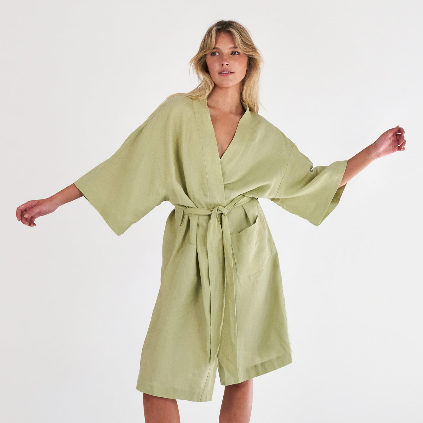 French Flax Linen Robe in Matcha