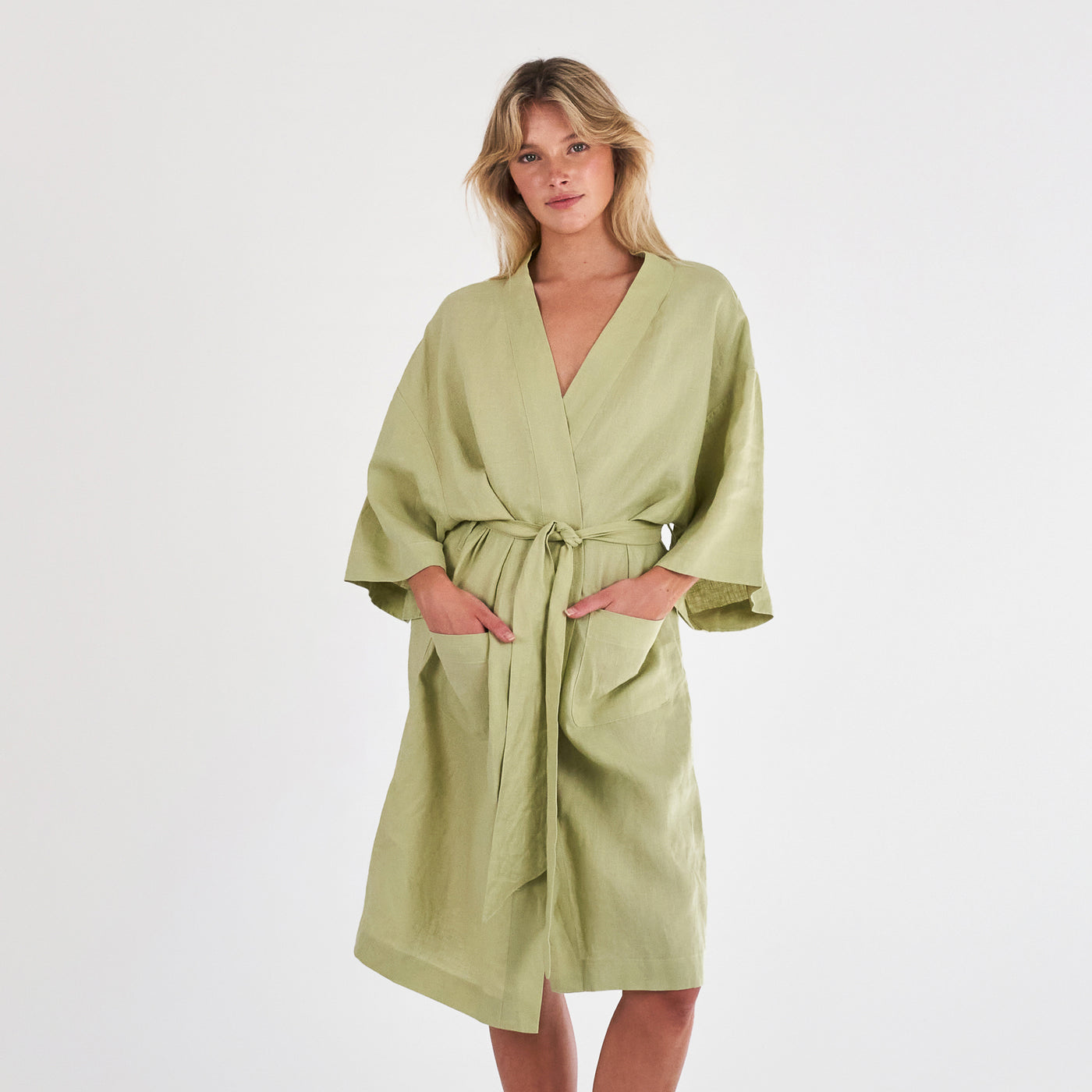 French Flax Linen Robe in Matcha