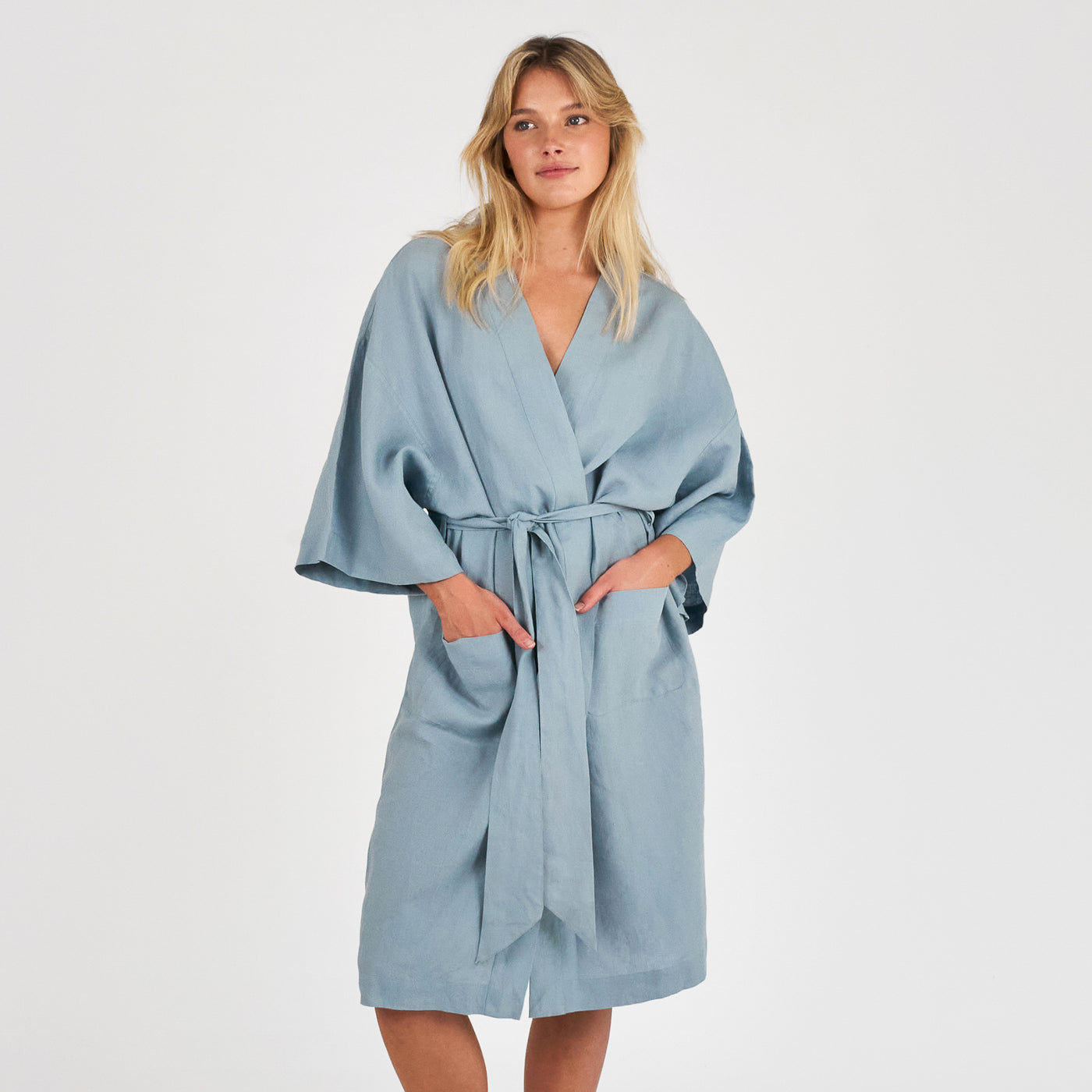 French Flax Linen Robe in Marine Blue