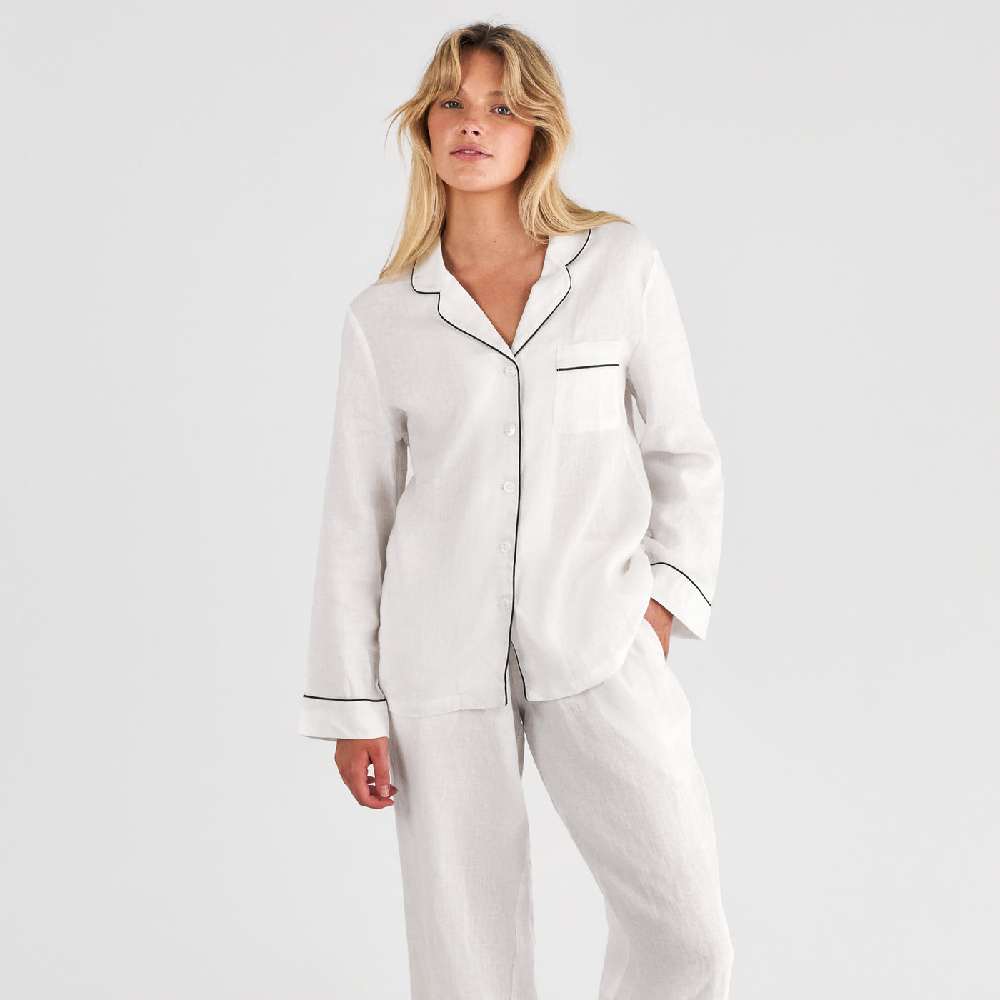 French Flax Linen Pyjama Set in White