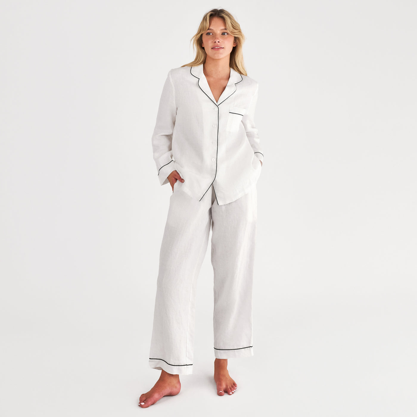 French Flax Linen Pyjama Set in White