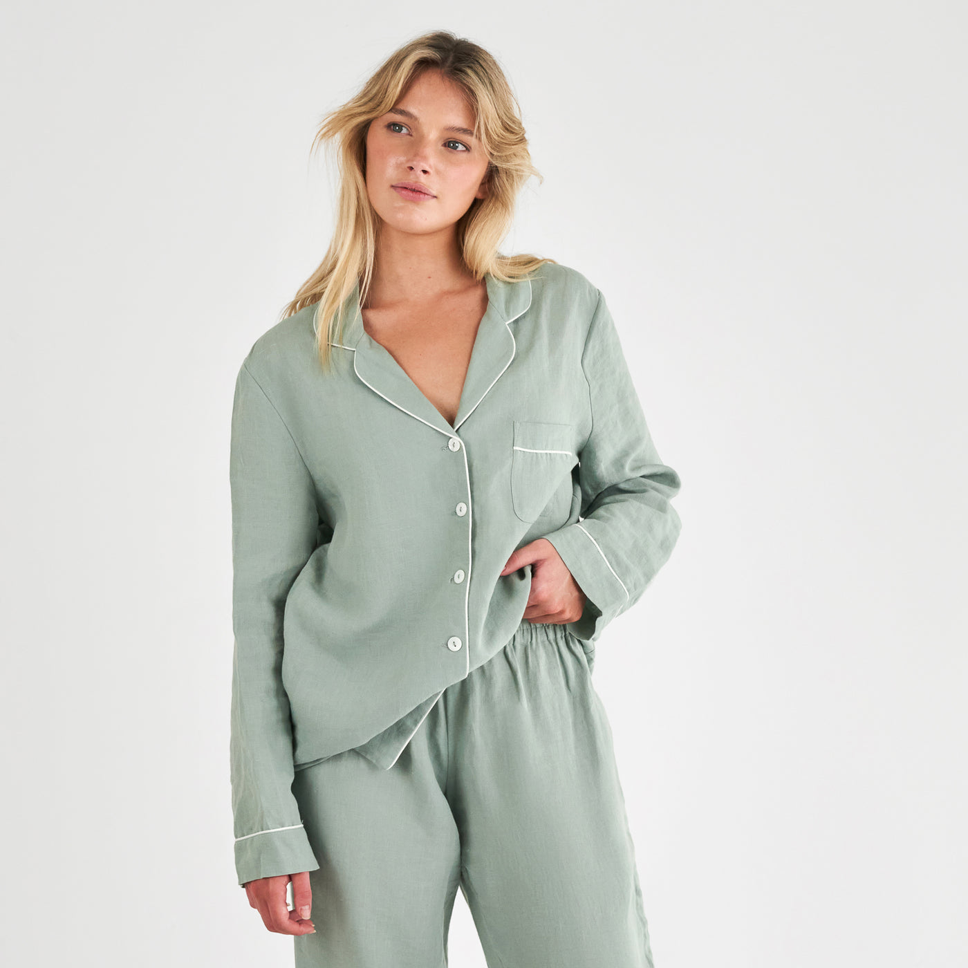 French Flax Linen Pyjama Set in Sage