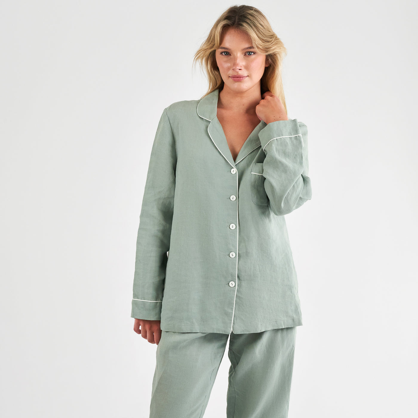 French Flax Linen Pyjama Set in Sage