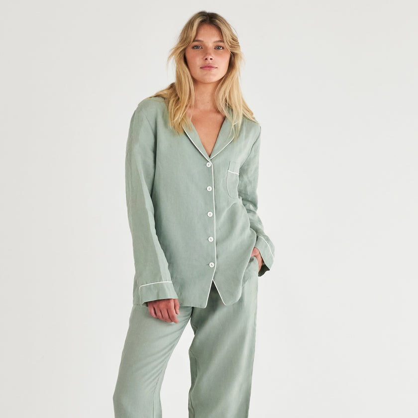 French Flax Linen Pyjama Set in Sage