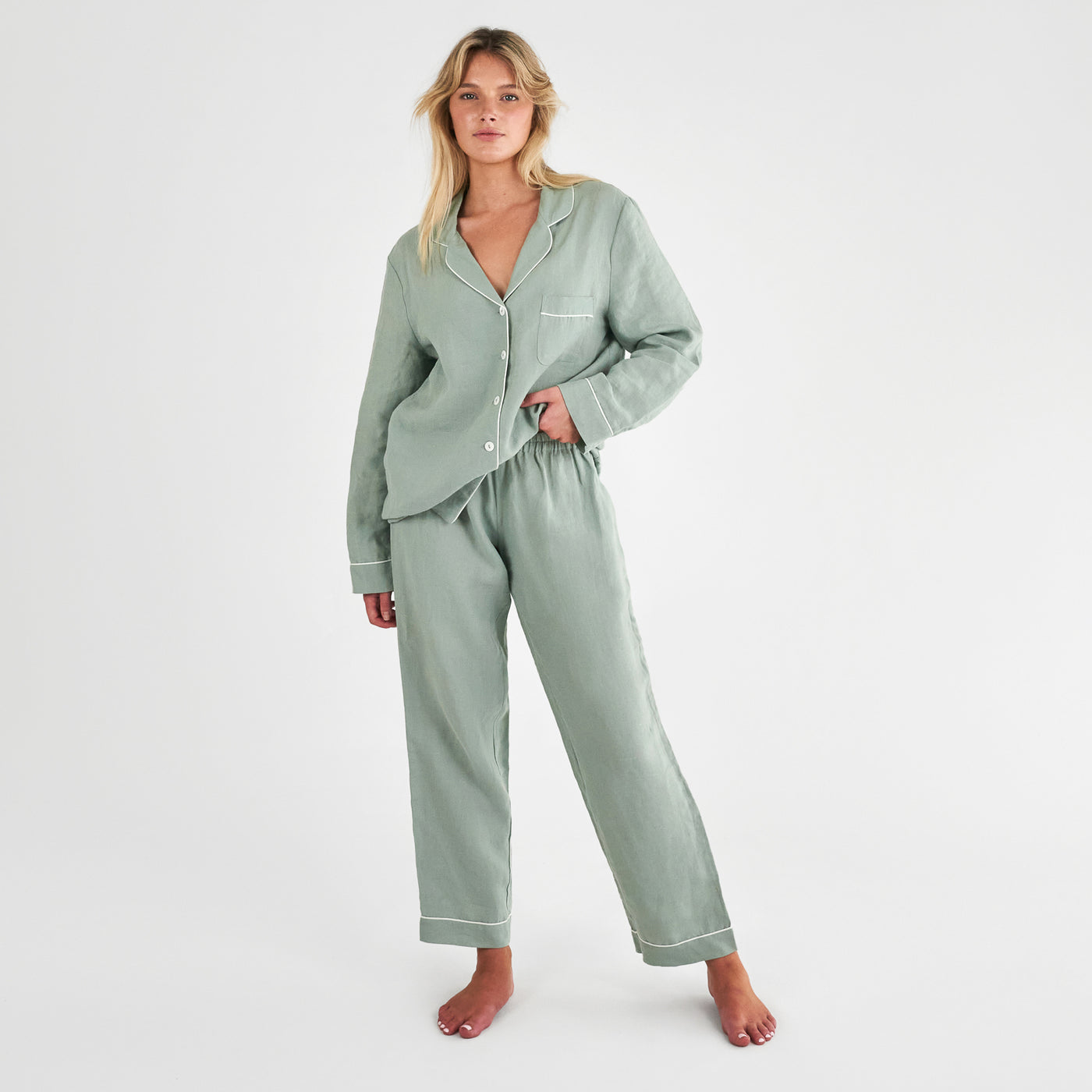 French Flax Linen Pyjama Set in Sage