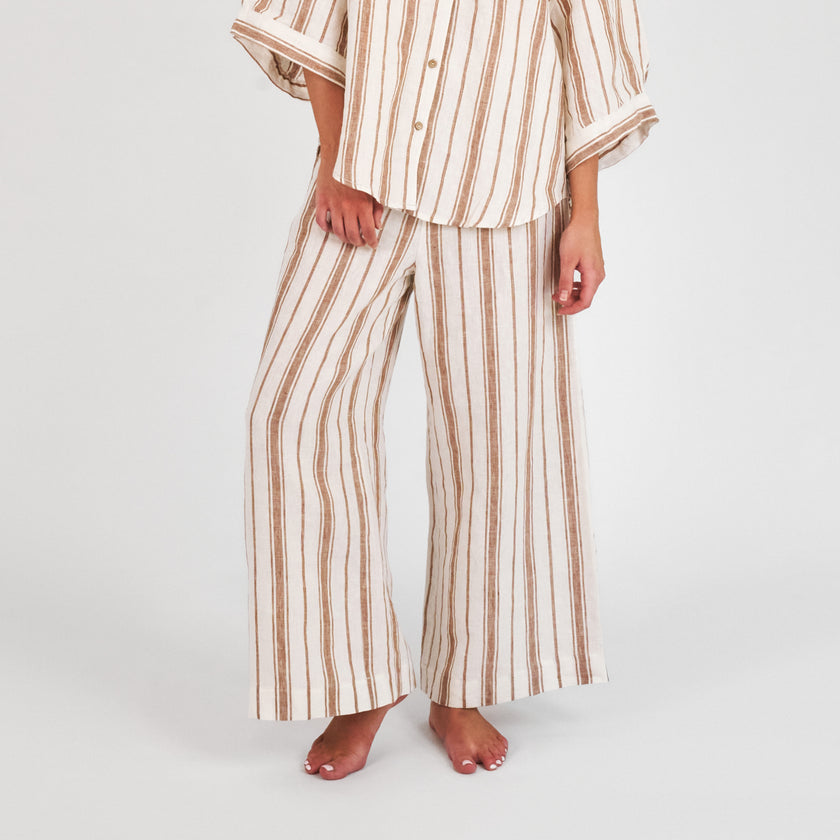 French Flax Linen Lounge Pant in Hazelnut Stripe