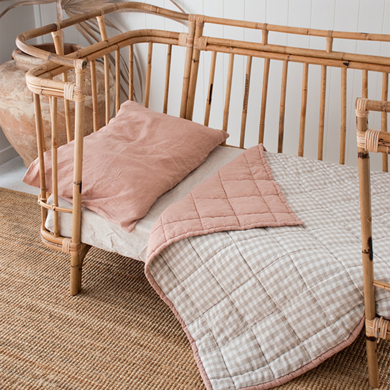 French Flax Linen Cot Quilt Play Mat in Clay Beige Gingham I